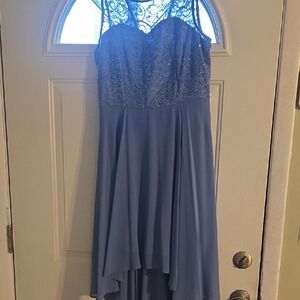 Lace Bodice High-Low Chiffon Evening Dress - Dusty Blue